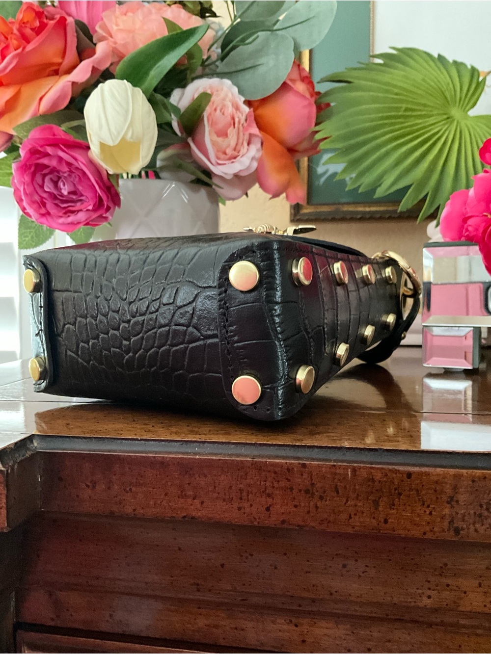 REDUCED Bee accent mini bag Black Croc-Embossed vegan Leather  Top-Handle.  NWOT - Picture 3 of 5